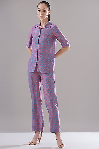 Purple Pure Silk Crepe Printed Co-Ord Set by JOY