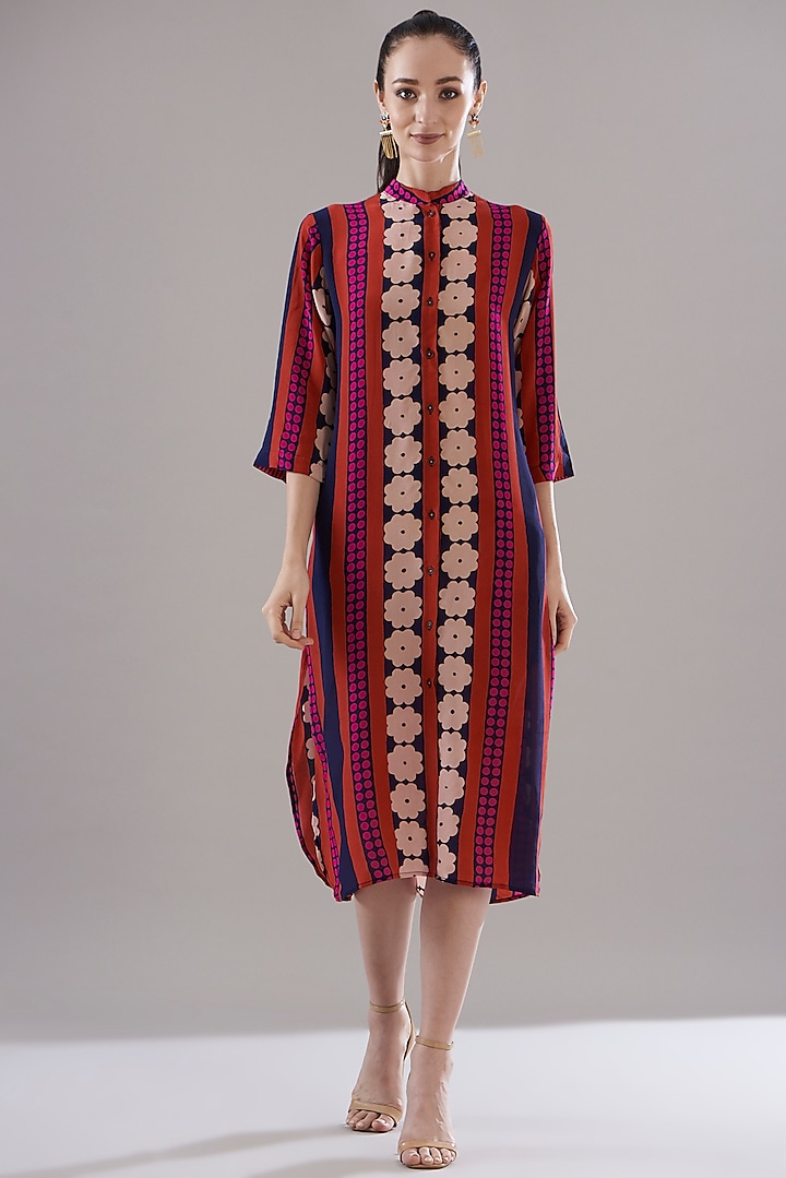 Multi-Colored Pure Silk Crepe Printed Dress by JOY