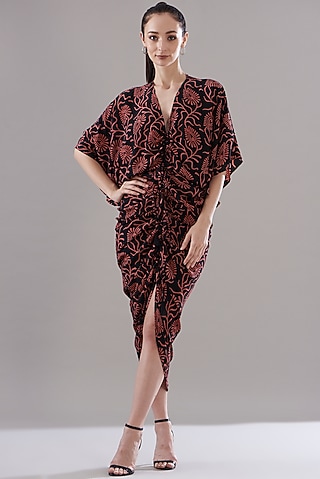 Black Pure Silk Crepe Printed Dress by JOY