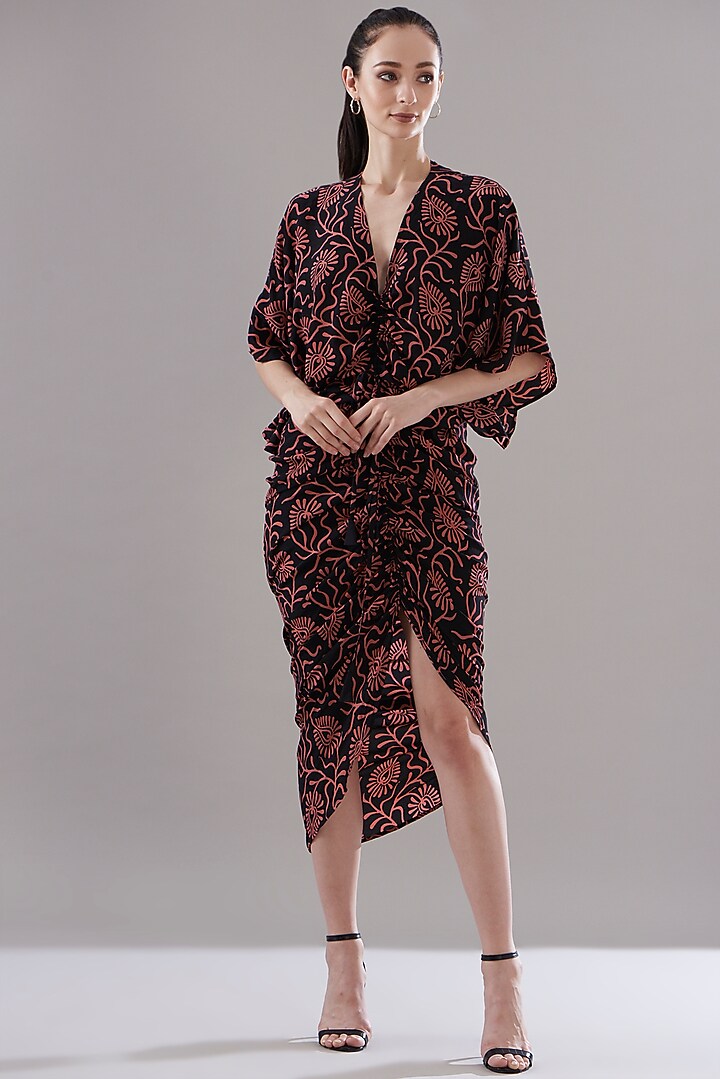 Black Pure Silk Crepe Printed Vacation Dress by JOY at Pernia's Pop Up Shop
