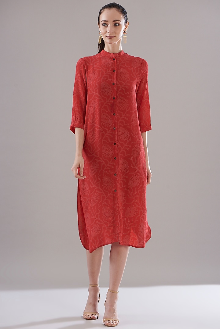 Red Pure Silk Crepe Printed Dress by JOY