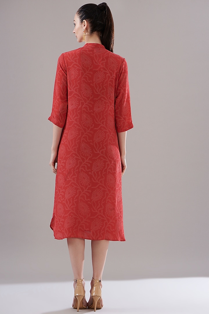 Red Pure Silk Crepe Printed Vacation Dress by JOY at Pernia's Pop Up Shop