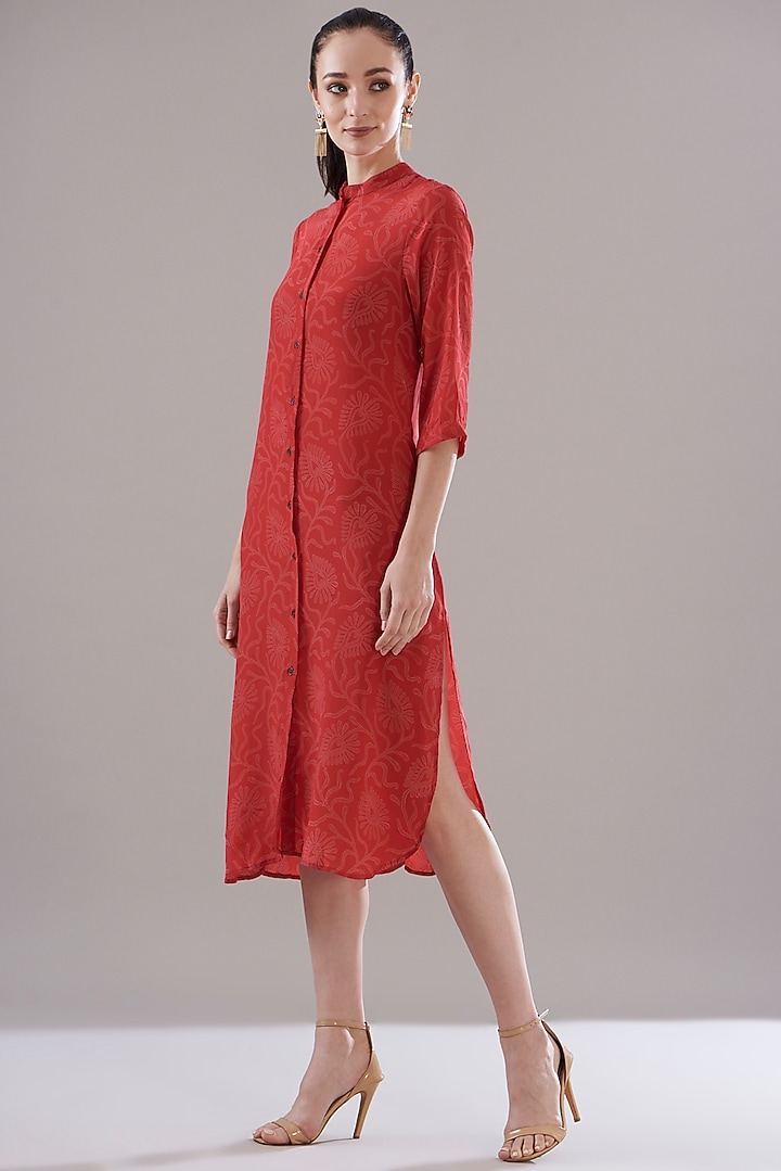 Red Pure Silk Crepe Printed Vacation Dress by JOY at Pernia's Pop Up Shop