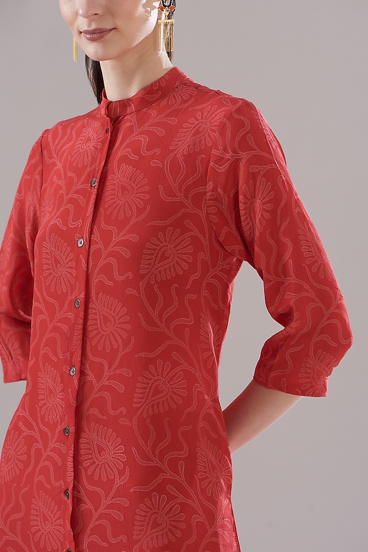 Red Pure Silk Crepe Printed Vacation Dress by JOY at Pernia's Pop Up Shop