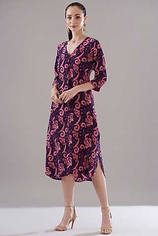 Blue Pure Silk Crepe Printed Dress by JOY