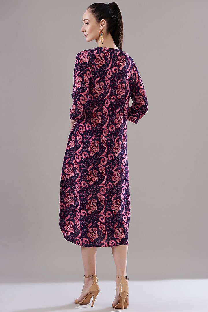 Blue Pure Silk Crepe Printed Vacation Dress by JOY at Pernia's Pop Up Shop
