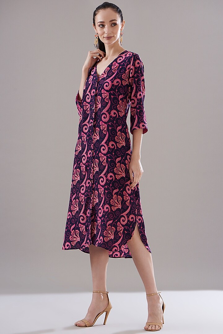 Blue Pure Silk Crepe Printed Vacation Dress by JOY at Pernia's Pop Up Shop