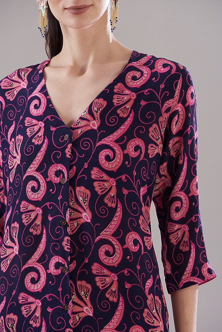 Blue Pure Silk Crepe Printed Vacation Dress by JOY at Pernia's Pop Up Shop