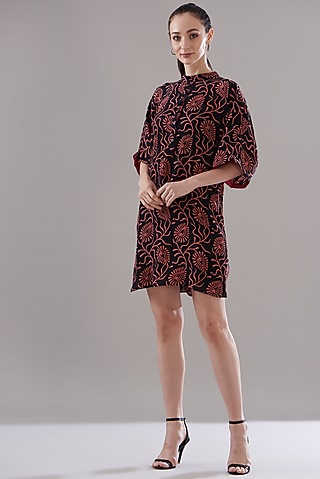 Black Pure Silk Crepe Printed Tunic by JOY