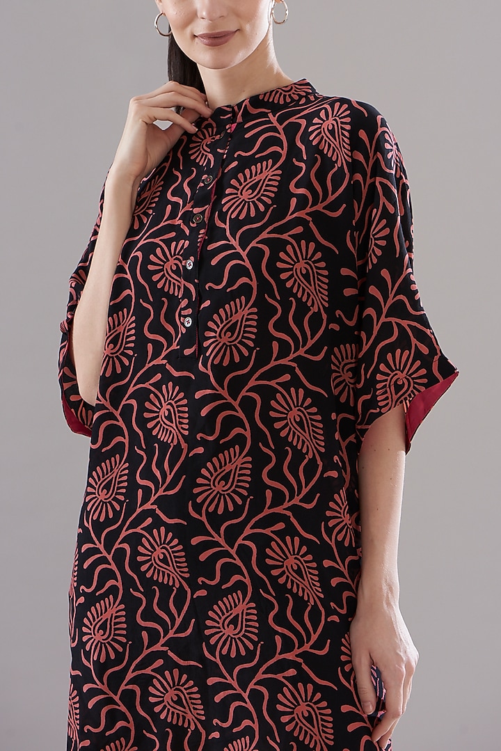 Black Pure Silk Crepe Printed Tunic by JOY at Pernia's Pop Up Shop