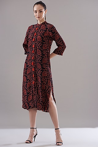 Black Pure Silk Crepe Printed Dress by JOY