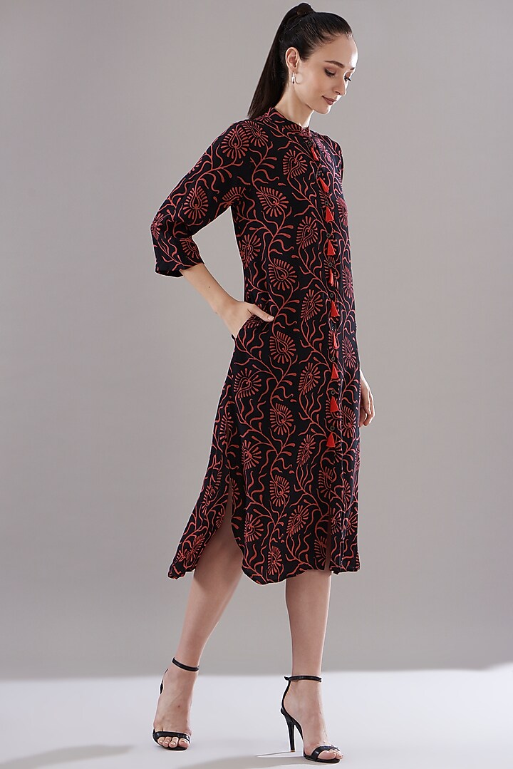 Black Pure Silk Crepe Printed Vacation Dress by JOY at Pernia's Pop Up Shop