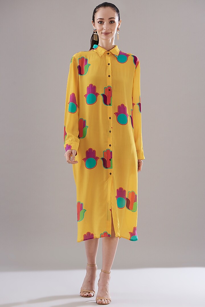 Yellow Pure Silk Crepe Digital Printed Vacation Dress by JOY at Pernia's Pop Up Shop