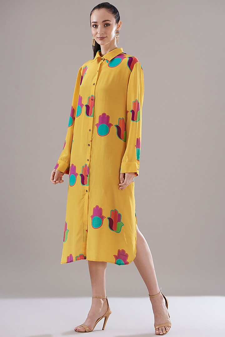 Yellow Pure Silk Crepe Digital Printed Vacation Dress by JOY at Pernia's Pop Up Shop