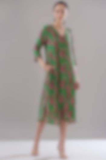 Parrot Green Pure Silk Crepe Printed Dress by JOY at Pernia's Pop Up Shop