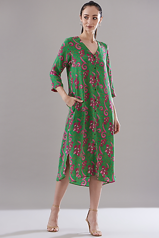 Parrot Green Pure Silk Crepe Printed Dress by JOY