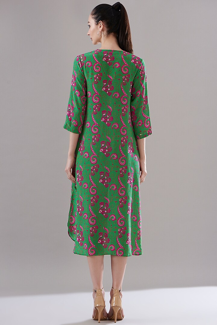 Parrot Green Pure Silk Crepe Printed Vacation Dress by JOY at Pernia's Pop Up Shop