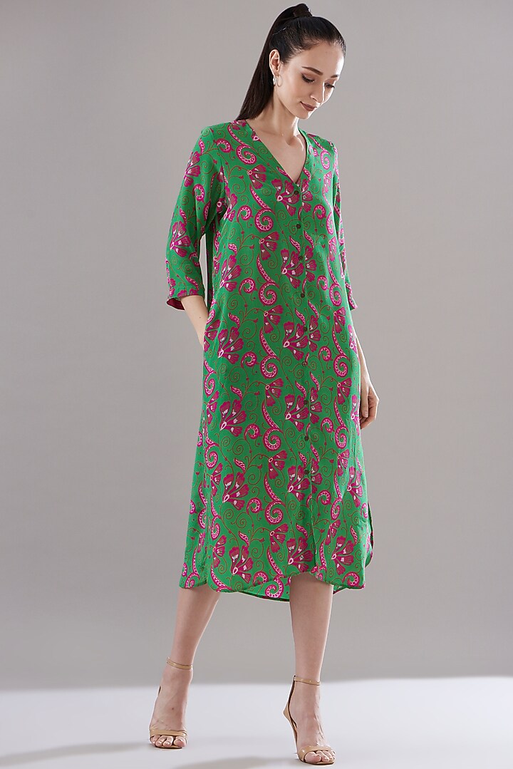 Parrot Green Pure Silk Crepe Printed Vacation Dress by JOY at Pernia's Pop Up Shop