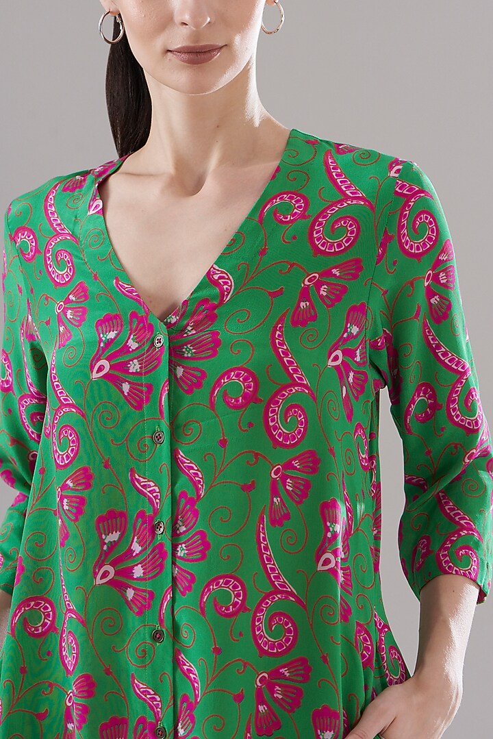Parrot Green Pure Silk Crepe Printed Vacation Dress by JOY at Pernia's Pop Up Shop