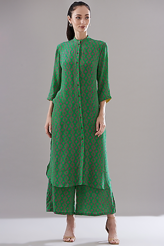 Green Pure Silk Crepe Printed Tunic Set by JOY