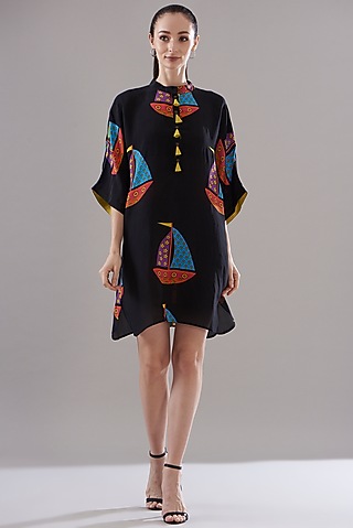 Black Pure Silk Crepe Printed Tunic by JOY