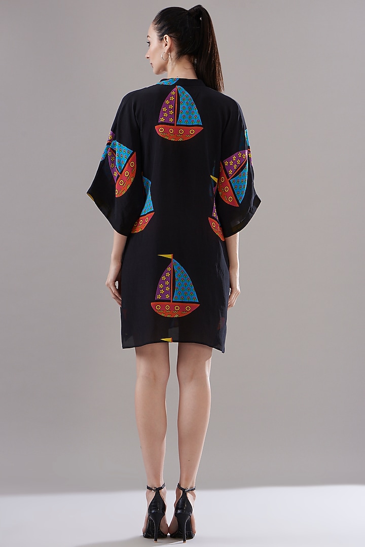Black Pure Silk Crepe Printed Tunic by JOY at Pernia's Pop Up Shop