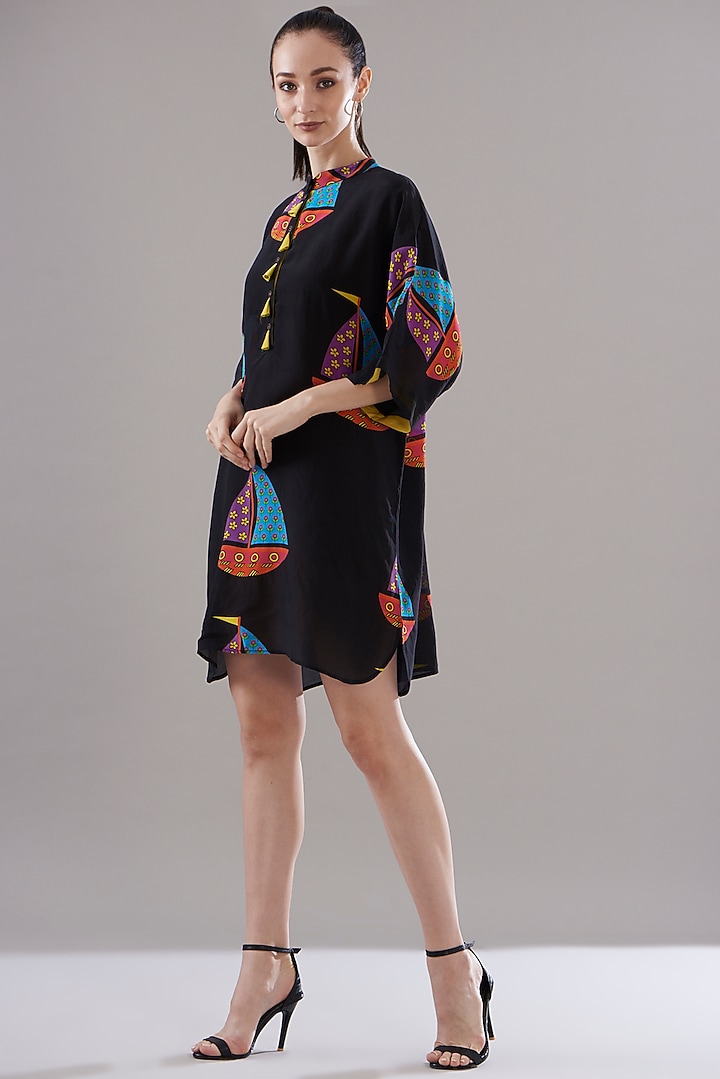 Black Pure Silk Crepe Printed Tunic by JOY at Pernia's Pop Up Shop