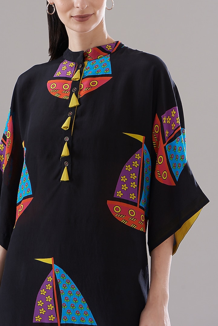 Black Pure Silk Crepe Printed Tunic by JOY at Pernia's Pop Up Shop