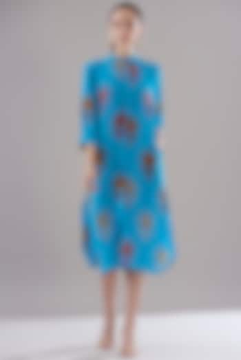 Turquoise Pure Silk Crepe Printed Dress by JOY