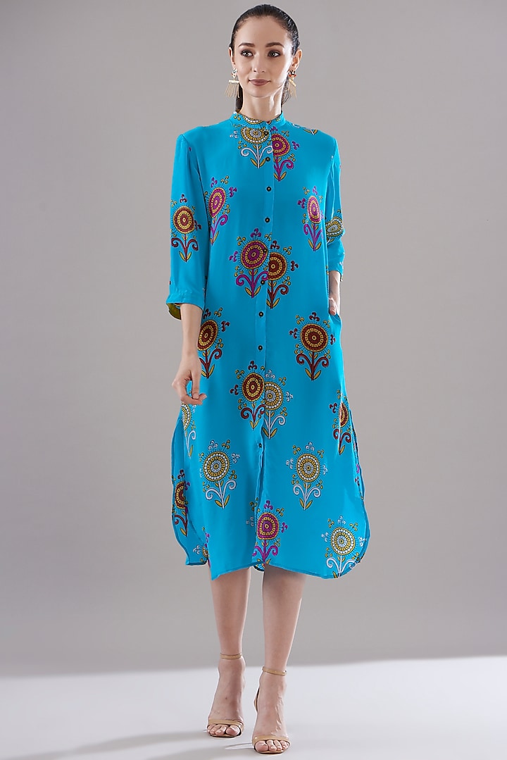 Turquoise Pure Silk Crepe Printed Dress by JOY
