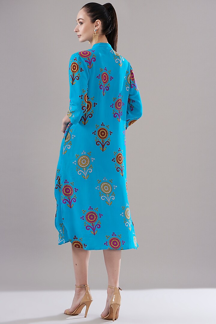 Turquoise Pure Silk Crepe Printed Vacation Dress by JOY at Pernia's Pop Up Shop