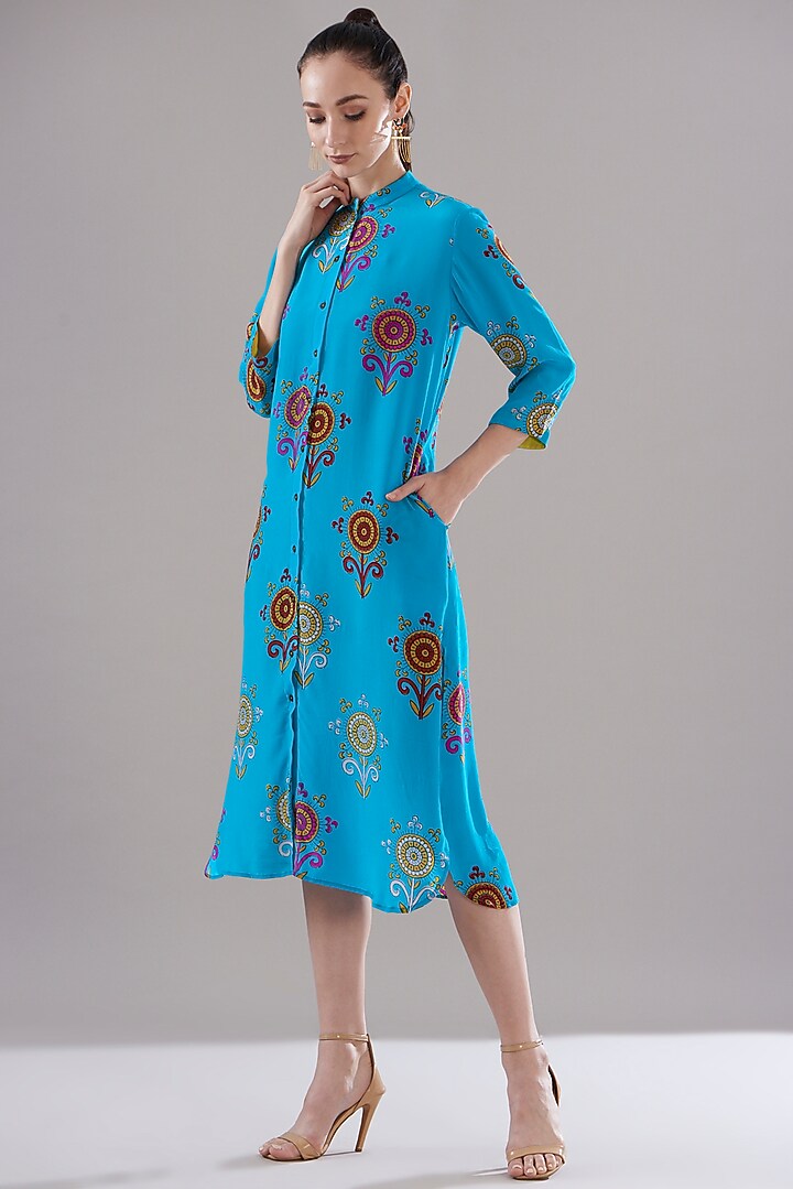 Turquoise Pure Silk Crepe Printed Vacation Dress by JOY at Pernia's Pop Up Shop