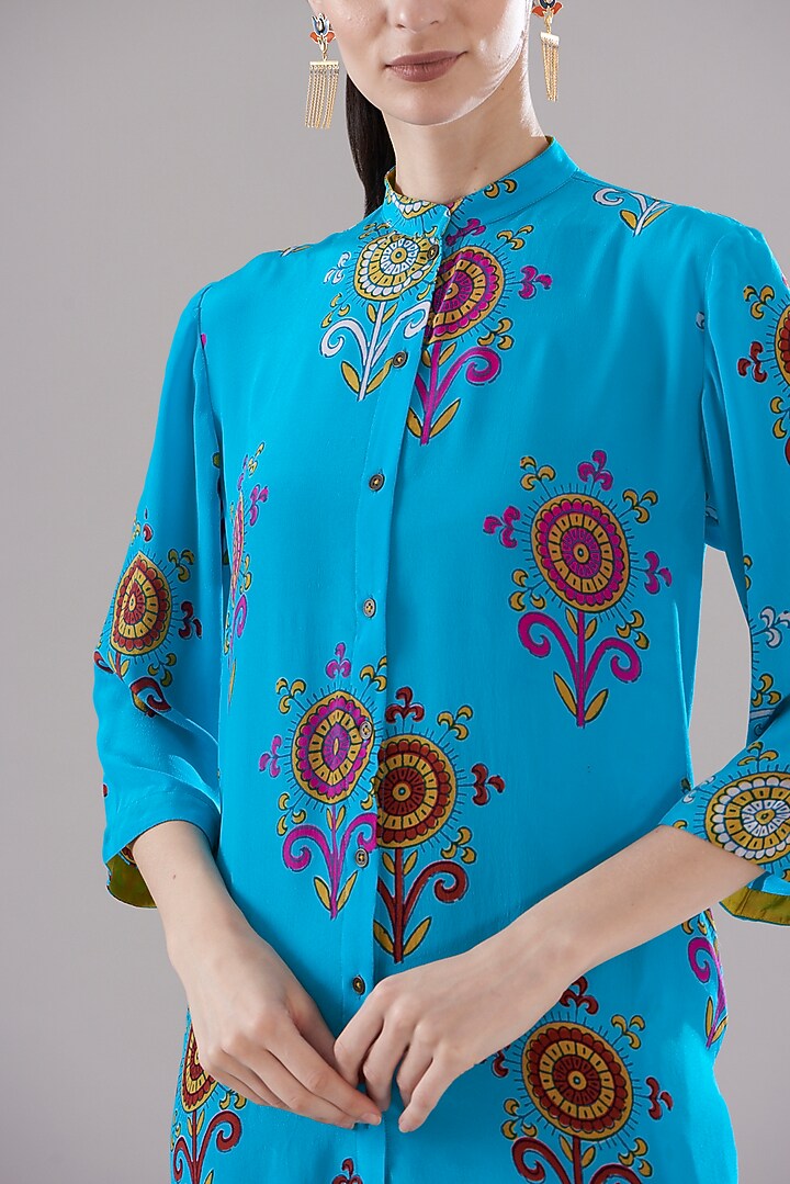 Turquoise Pure Silk Crepe Printed Vacation Dress by JOY at Pernia's Pop Up Shop