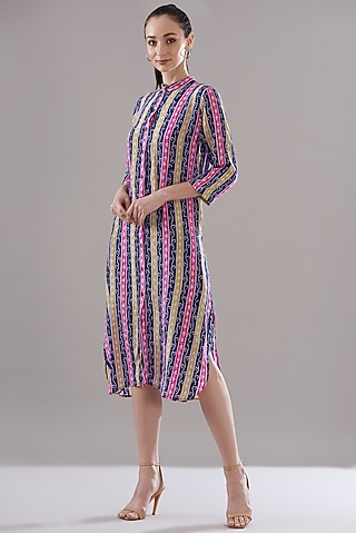 Multi-Colored Pure Silk Crepe Printed Dress by JOY
