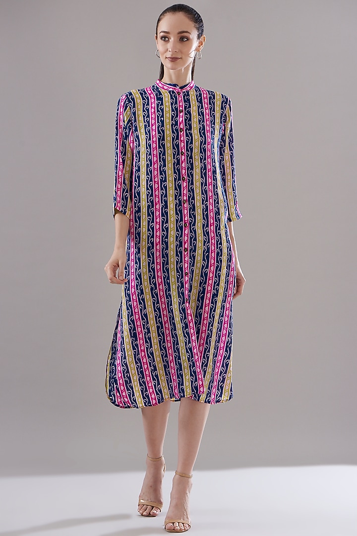 Multi-Colored Pure Silk Crepe Printed Vacation Dress by JOY at Pernia's Pop Up Shop