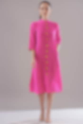 Neon Pink Pure Silk Crepe Printed Dress by JOY