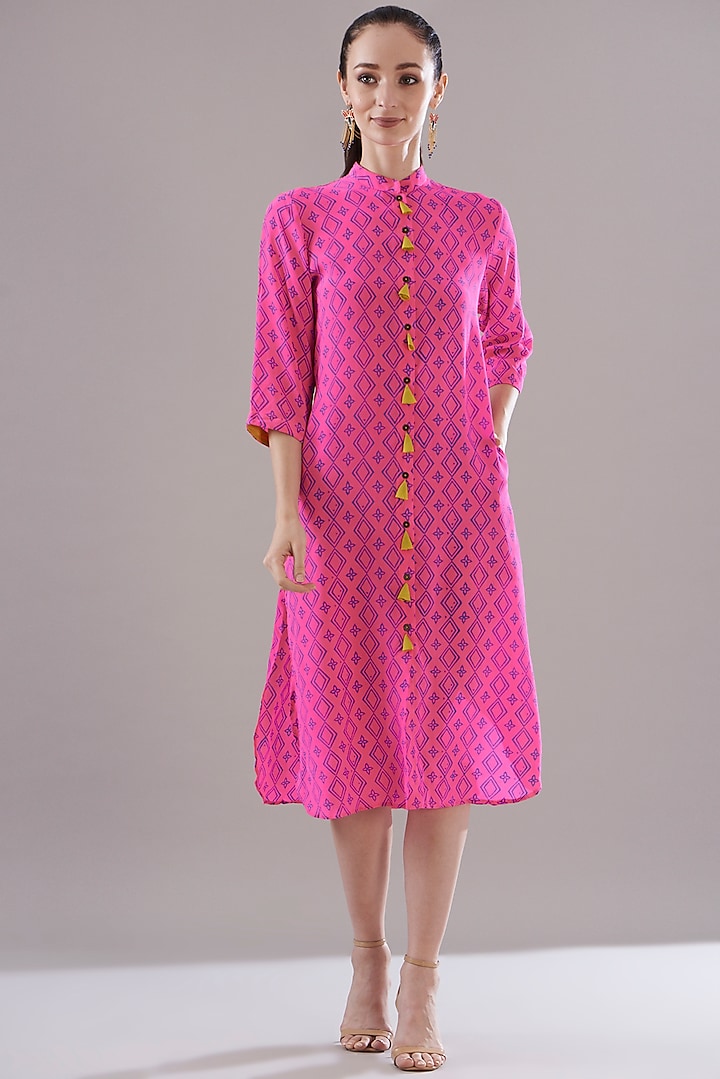 Neon Pink Pure Silk Crepe Printed Dress by JOY