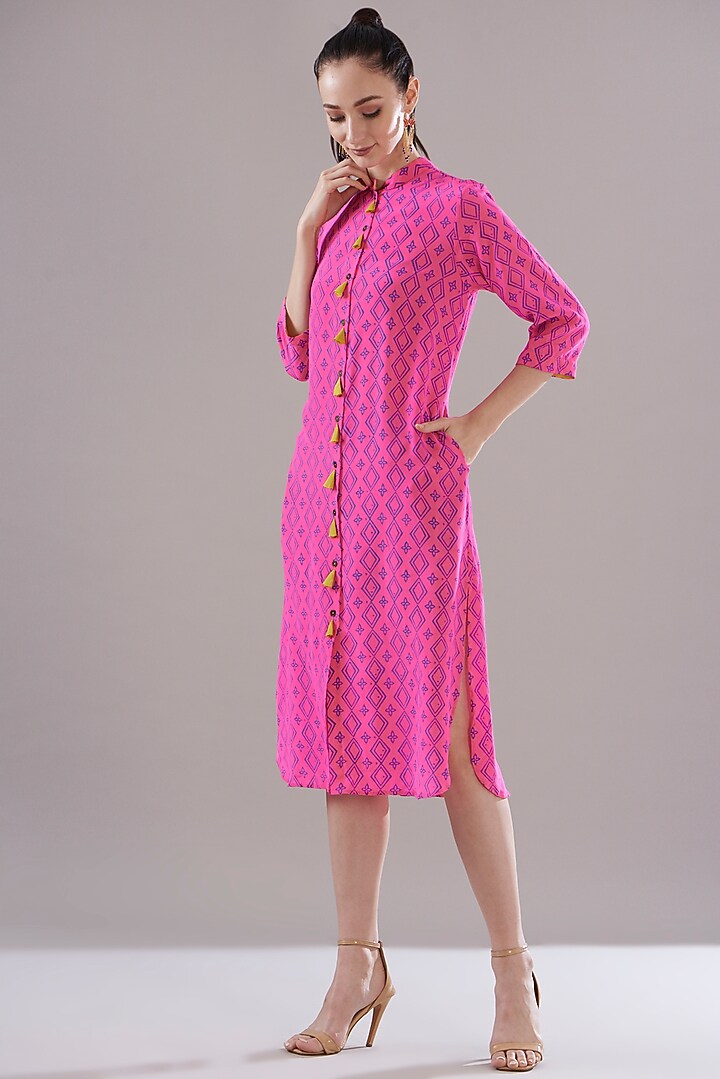Neon Pink Pure Silk Crepe Printed Vacation Dress by JOY at Pernia's Pop Up Shop