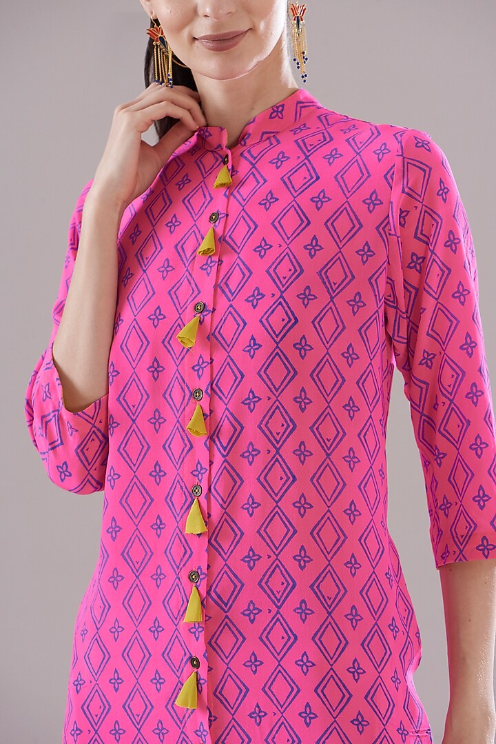 Neon Pink Pure Silk Crepe Printed Vacation Dress by JOY at Pernia's Pop Up Shop