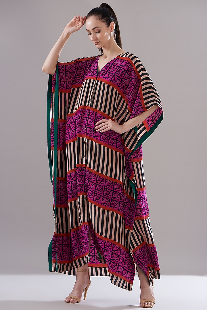 Multi-Colored Pure Silk Crepe Printed Kaftan by JOY at Pernia's Pop Up Shop