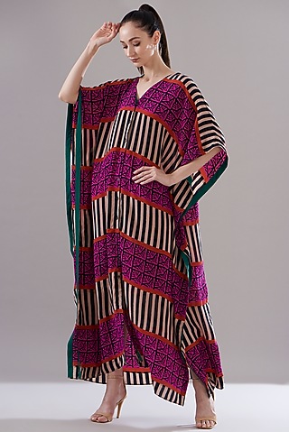 Multi-Colored Pure Silk Crepe Printed Kaftan by JOY