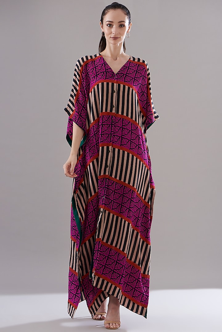 Multi-Colored Pure Silk Crepe Printed Kaftan by JOY at Pernia's Pop Up Shop