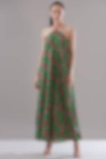 Parrot Green Pure Silk Crepe Printed Dress by JOY