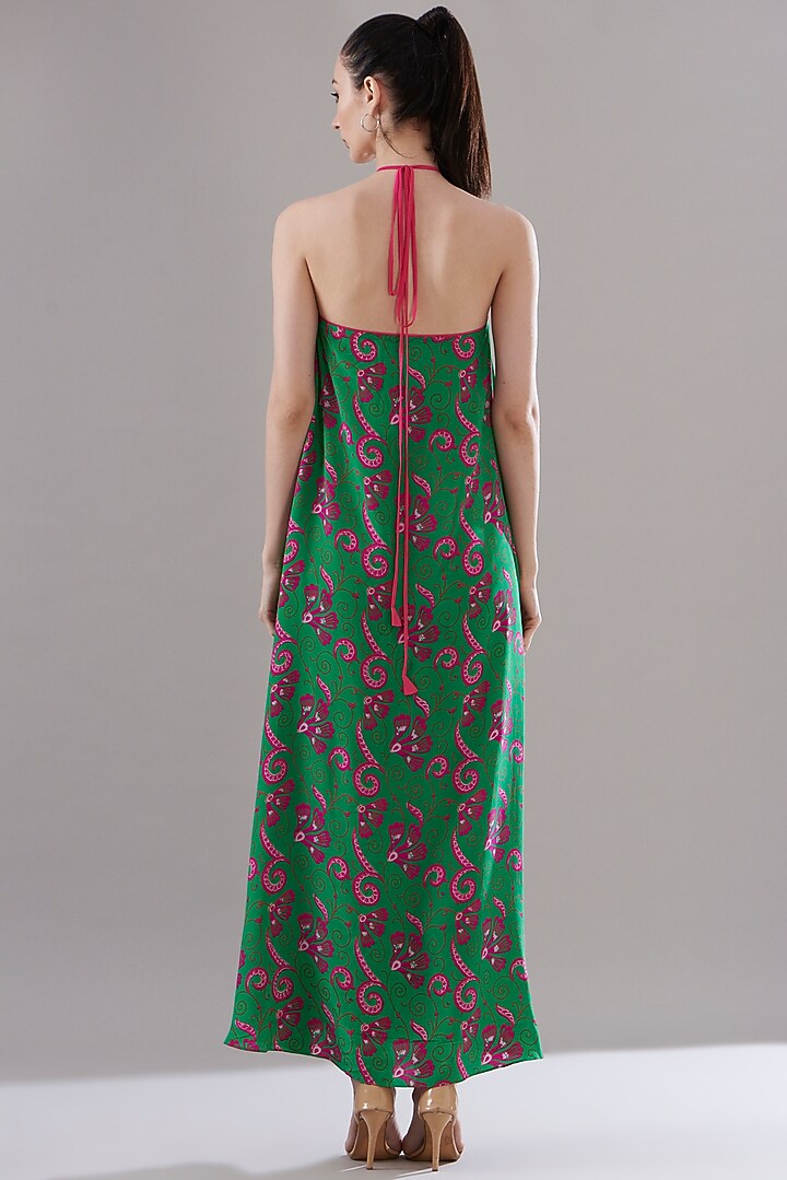 Parrot Green Pure Silk Crepe Printed Vacation Dress by JOY at Pernia's Pop Up Shop