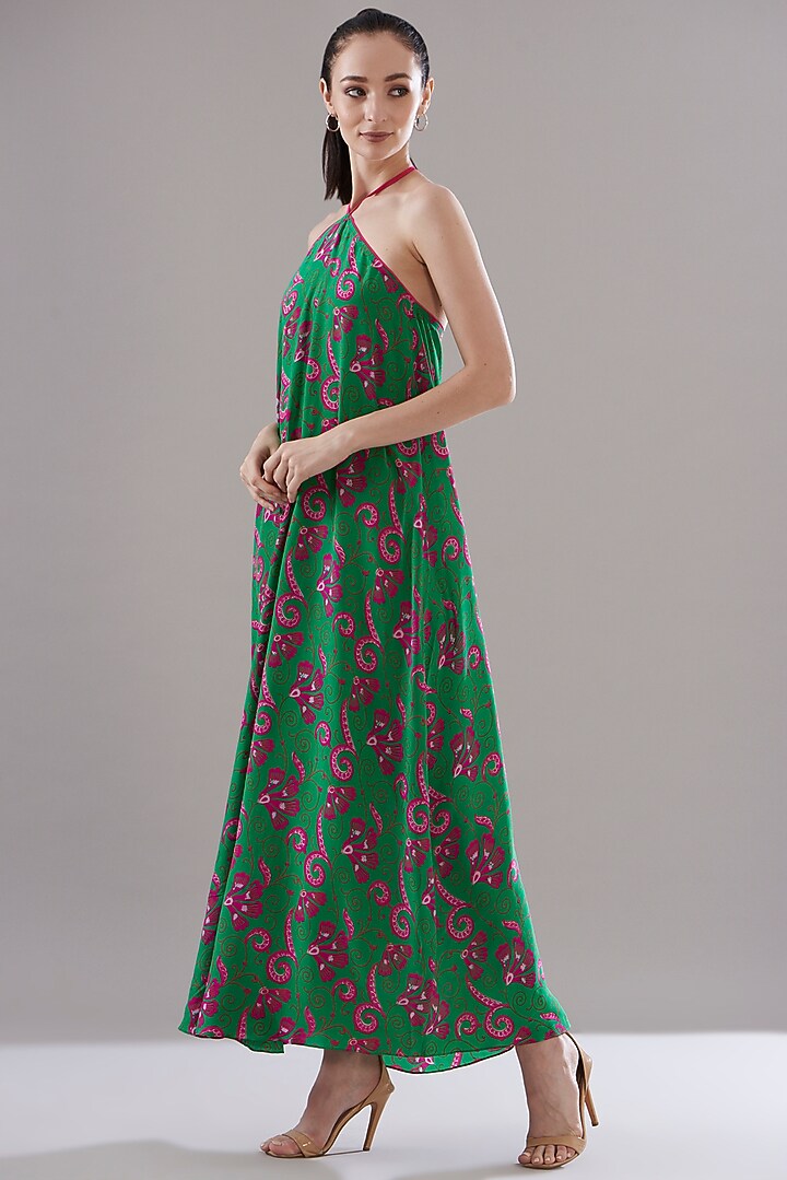 Parrot Green Pure Silk Crepe Printed Vacation Dress by JOY at Pernia's Pop Up Shop