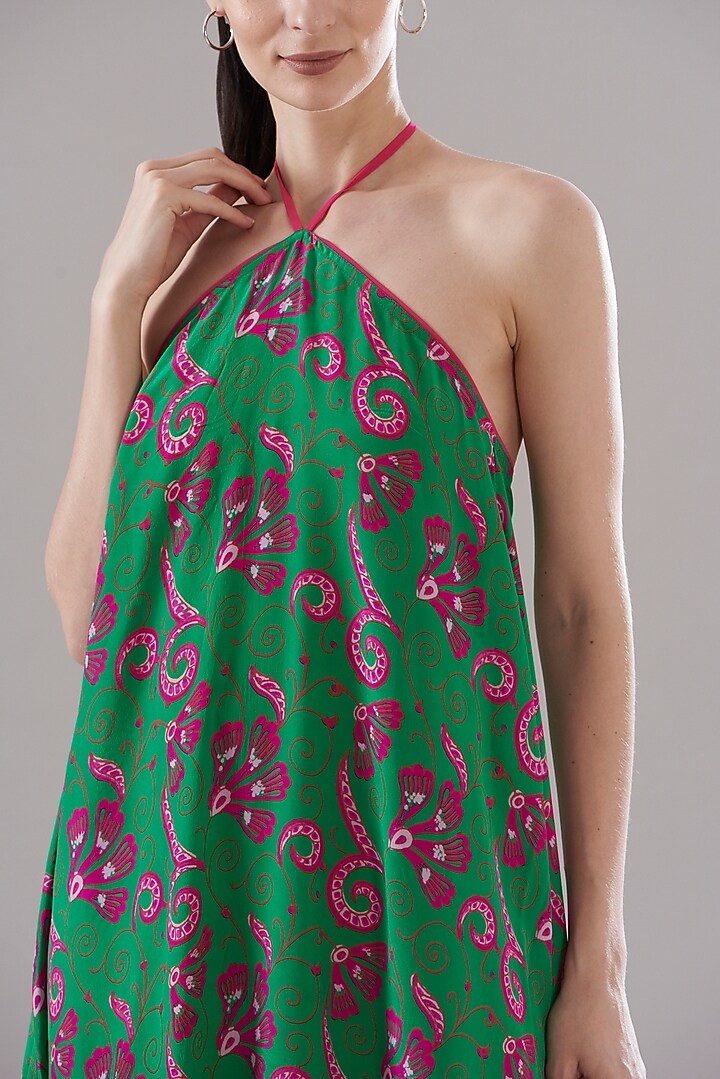 Parrot Green Pure Silk Crepe Printed Vacation Dress by JOY at Pernia's Pop Up Shop