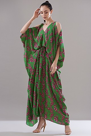 Parrot Green Pure Silk Crepe Printed Kaftan by JOY
