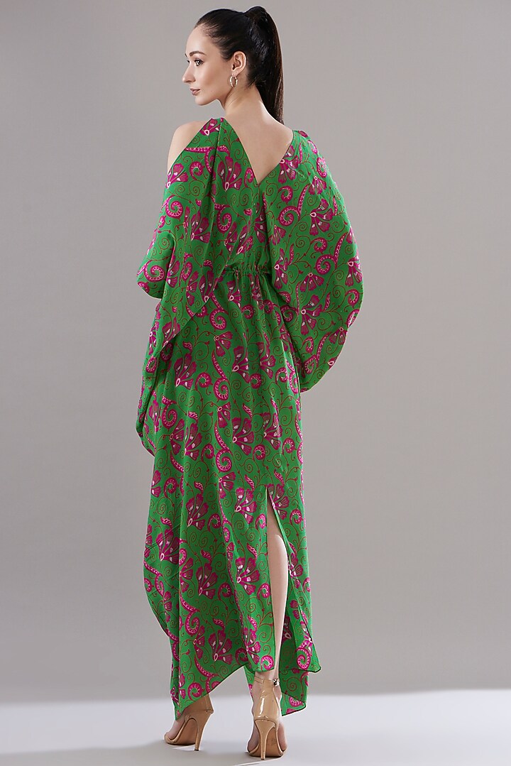 Parrot Green Pure Silk Crepe Printed Kaftan by JOY at Pernia's Pop Up Shop