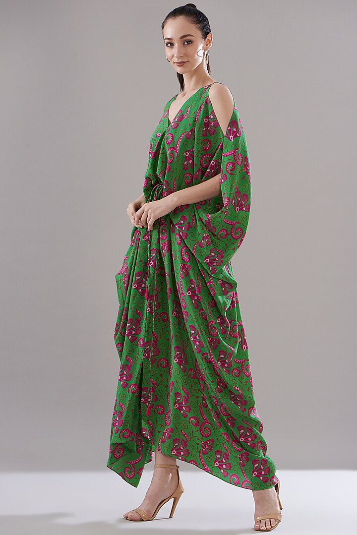 Parrot Green Pure Silk Crepe Printed Kaftan by JOY at Pernia's Pop Up Shop