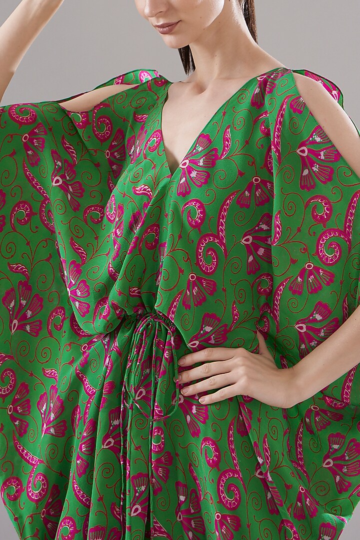 Parrot Green Pure Silk Crepe Printed Kaftan by JOY at Pernia's Pop Up Shop